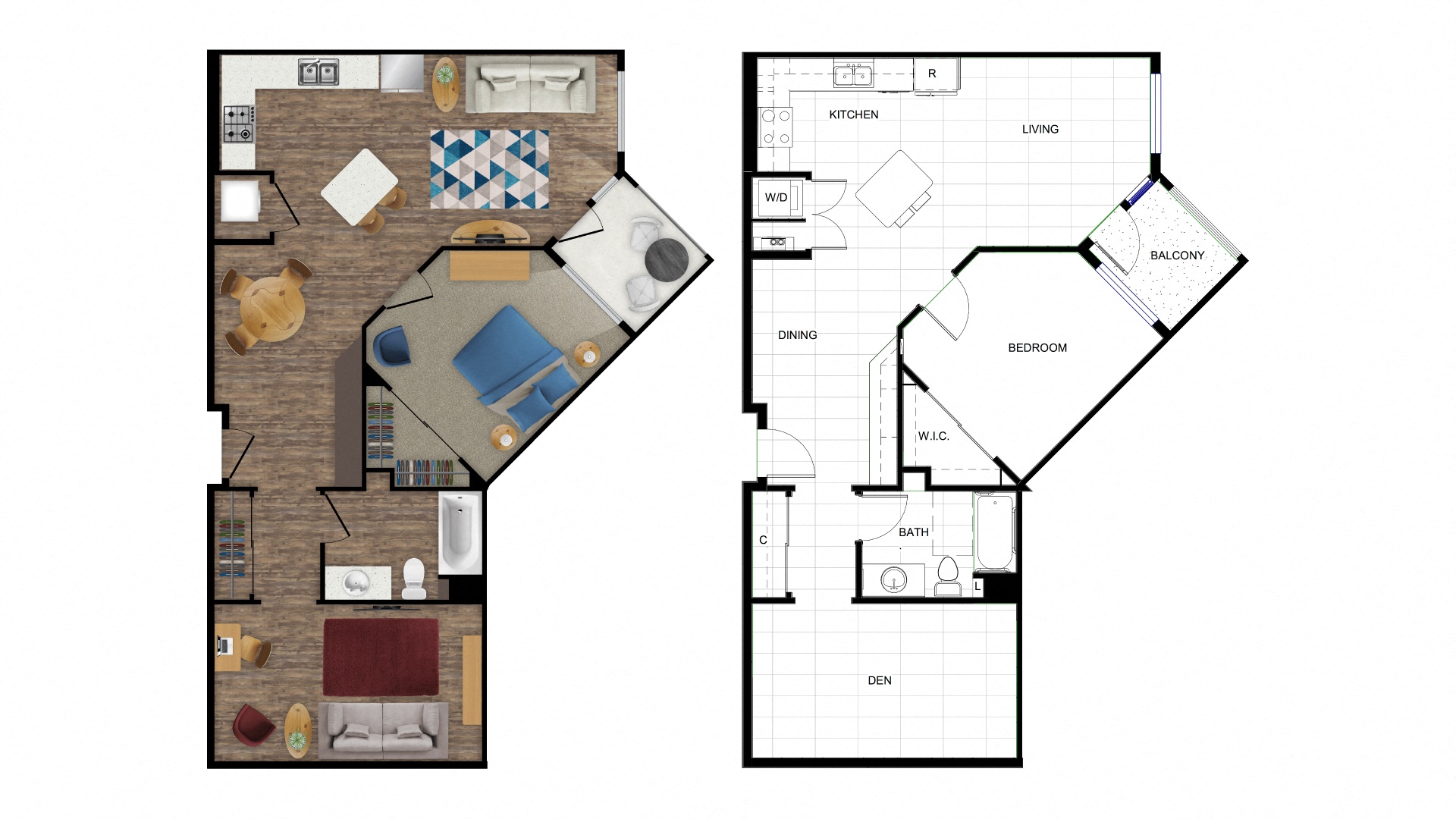 Floor plan for 1 bed, 1 bath, 990 sqft